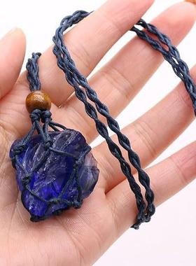 跨境天然手工编织原石水晶宝石网兜大颗粒吊坠饰品能量宝石项链