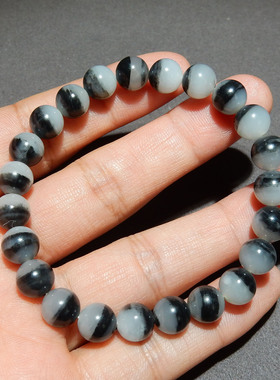 和田玉 8mm 青花聚宝盆黑白分明圆珠手串 油润单圈手饰