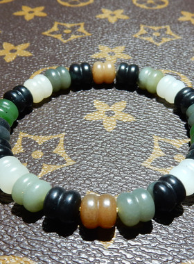 和田玉【楼兰三色莲花珠手串】多色雕花款 国风复古单圈男女手饰