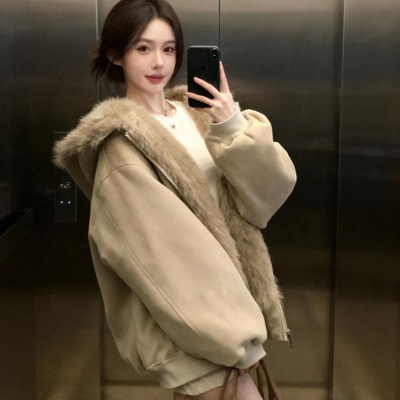 两面穿保暖羊羔毛外套女冬装高级感美式复古皮毛一体连帽毛毛棉服,淘宝优惠券,粉丝福利购,淘宝优惠卷