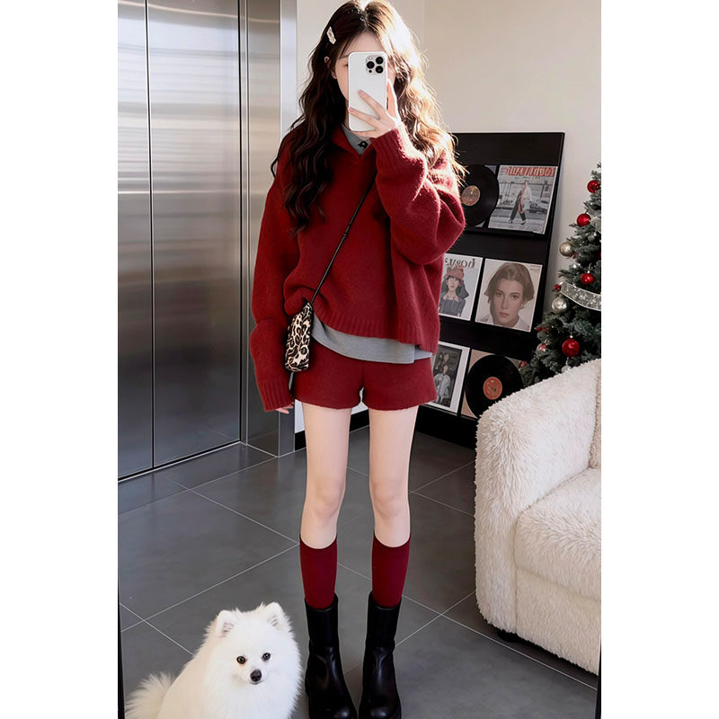 2026超火冬装一整套独特漂亮慵懒风软糯毛衣休闲短裤时尚两件套装,淘宝优惠券,粉丝福利购,淘宝优惠卷