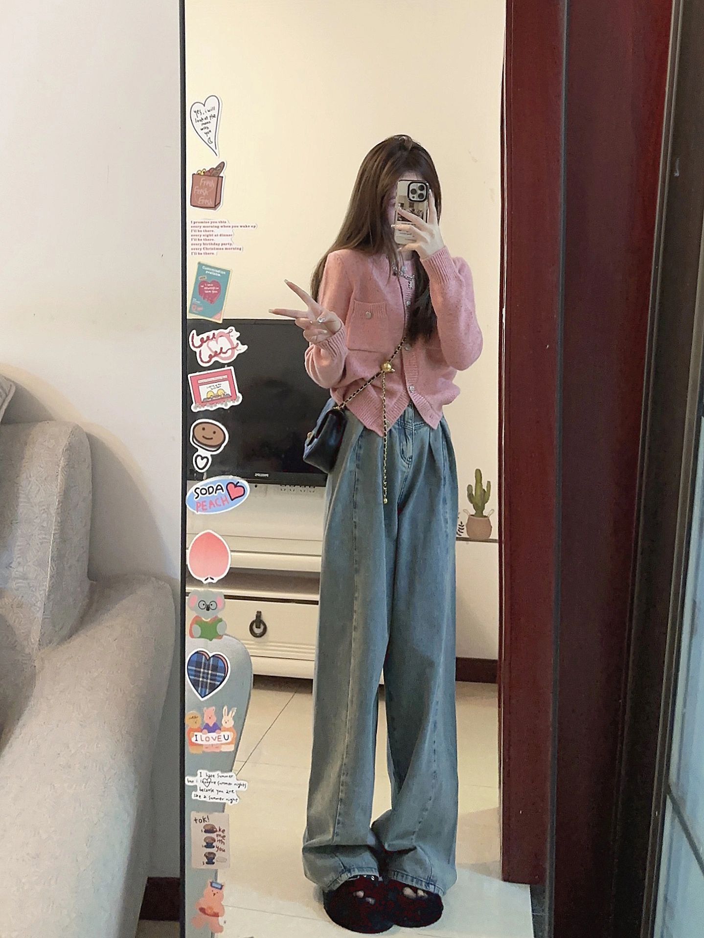 秋季茶系穿搭一整套小个子微胖显瘦软糯毛衣休闲牛仔裤两件套装女 - 图1