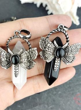 天然水晶绿东陵飞蛾吊坠双尖六角柱蜻蜓吊坠女项饰跨境饰品