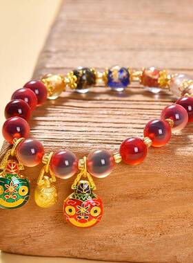 多宝金箔琉璃手串半糖吞金兽蓝白色糖心玛瑙转运珠手链女水晶饰品