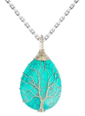 天然石吊坠水滴形绕线生命树项链手工绕丝多色项坠跨境小饰品