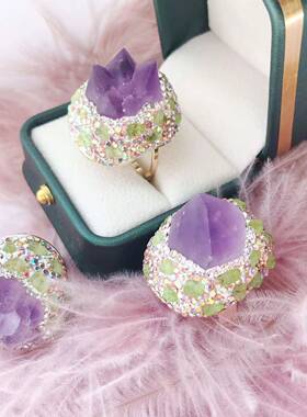 天然紫色矿石水晶开口手工镶嵌女款食指戒指微瑕厂家紫水晶