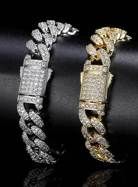 亚马逊跨境欧美热卖12mm双排锆石嘻哈手链弹簧珠宝扣加密古巴手链