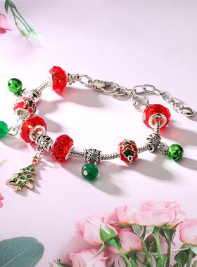厂家现货欧美流行锌合金电镀滴油圣诞老人水晶铃铛圣诞节手链手串