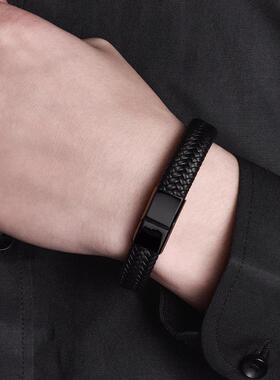 WISH亚马逊爆款首饰钛钢编织皮手镯欧美时尚简约男女手环黑色