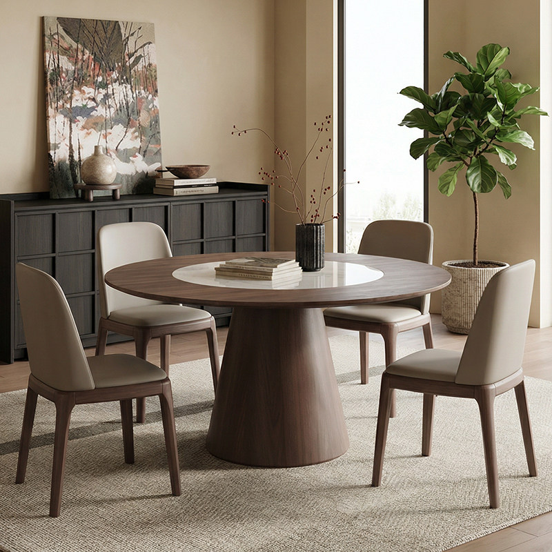 中古实木圆形餐桌黑胡桃色内嵌岩板转盘家用圆桌大户型白蜡木饭桌,淘宝优惠券,粉丝福利购,淘宝优惠卷