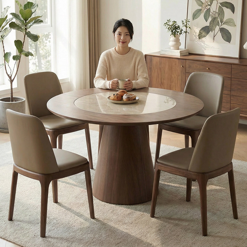 中古实木圆形餐桌黑胡桃色内嵌岩板转盘家用圆桌大户型白蜡木饭桌,淘宝优惠券,粉丝福利购,淘宝优惠卷