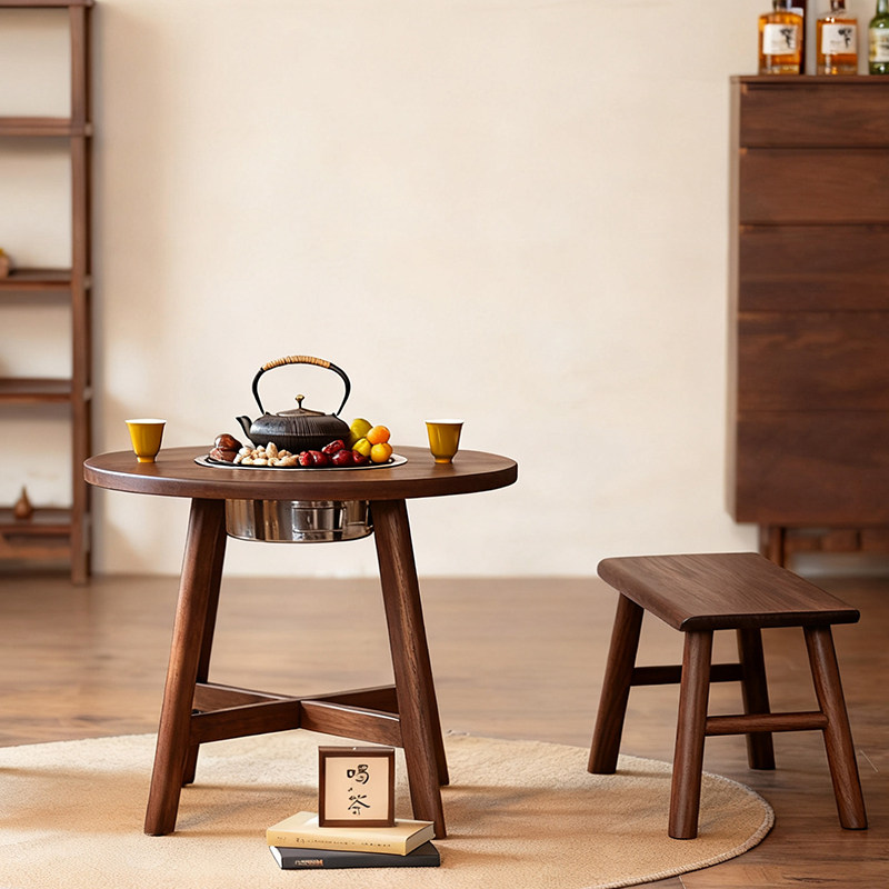 有清堂实木围炉煮茶茶桌新中式小茶桌火锅桌圆形茶几庭院烤火炉,淘宝优惠券,粉丝福利购,淘宝优惠卷