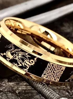 新款男士不锈钢金色凯尔特结龙纹戒指8mm金色腐蚀飞龙