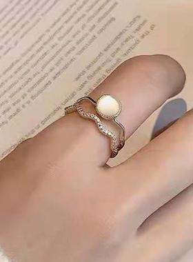 欧美新款祖母绿锆石戒指创意不规则几何双层双排锆石开口可调戒指