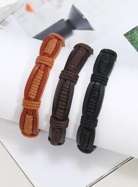 男士个性多层手工编织皮革手环欧美跨境复古皮革手绳手链