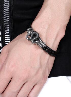 跨境爆款男士皮革编织简约手链动物蛇造型不锈钢生肖手环饰品