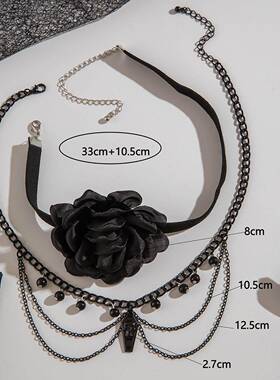 欧美跨境哥特风黑色蕾丝大花朵颈链甜酷几何吊坠双层颈饰万圣节