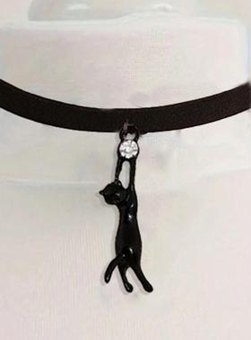 欧美跨境热销甜酷辣妹哥特暗黑风万圣节小野猫吊坠黑色丝绒项链