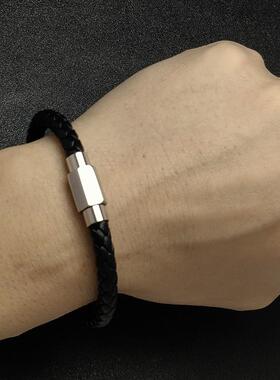 跨境爆款男女情侣款百搭编织高端皮手链不锈钢六角磁铁扣手饰