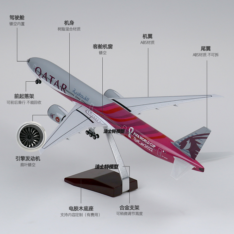 拼装客机仿真模型卡塔尔航空飞机带轮子带灯47厘米航模摆件礼物 - 图2