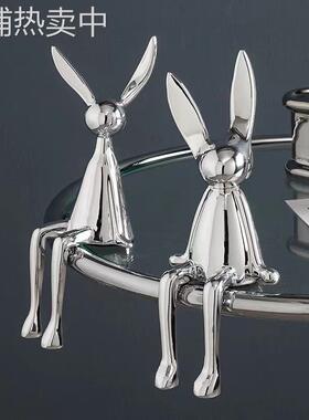 简约轻奢创意电镀银金蓝色坐姿动物兔子摆件树脂家居软装饰工艺品