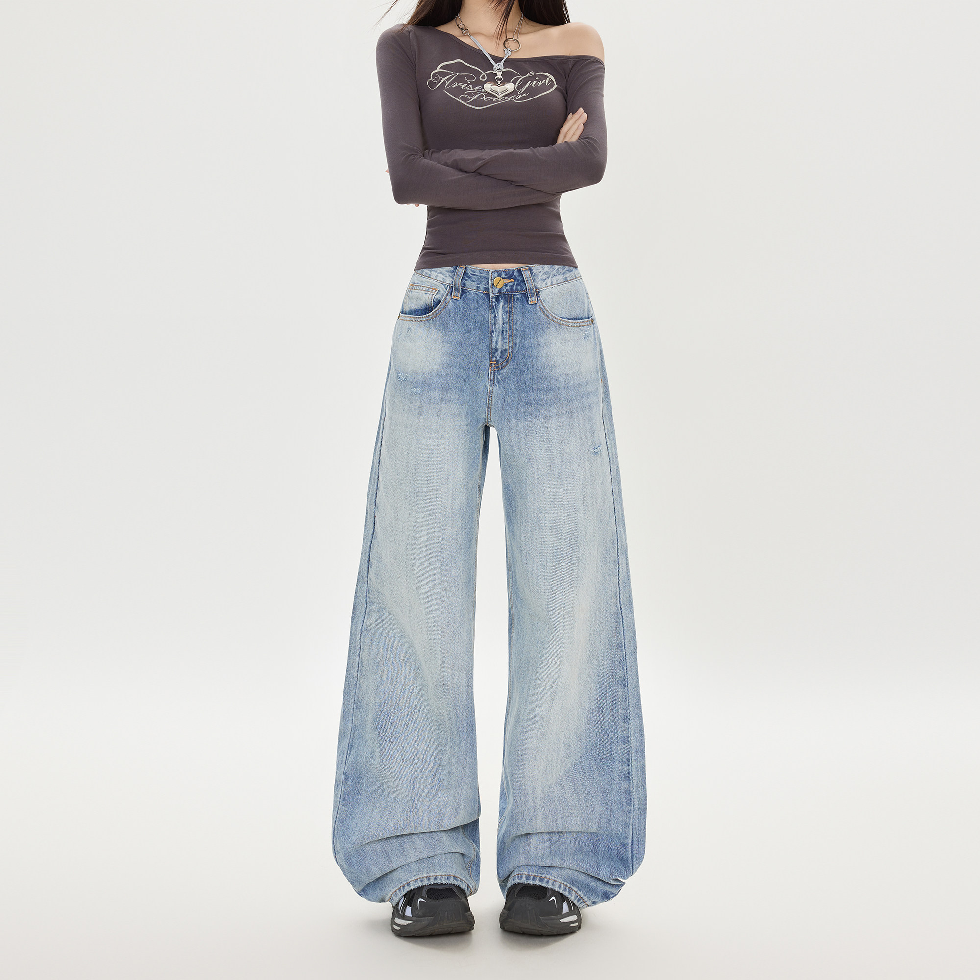 2025秋季新款韩系时尚破洞阔腿裤女设计感百搭宽松显瘦牛仔长裤,淘宝优惠券,粉丝福利购,淘宝优惠卷