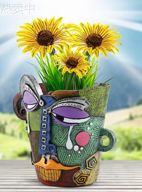 跨境新品创意手工流泪抽象人脸多彩花盆家居园艺树脂摆件装饰花园