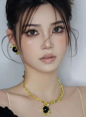 Vintage重工浮雕圆形耳钉黑色项链高级感设计锁骨链中古潮流颈链