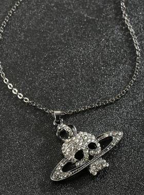 骷髅土星骨头双层项链欧美朋克风个性时尚潮人满钻土星光环项链