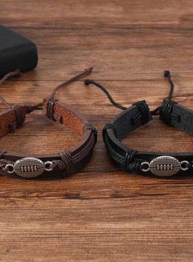 跨境电商爆款合金橄榄球编织皮革手链超级碗元素男士皮革手环