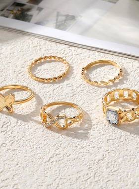 跨境货源小众高级轻奢宝石复古指环个性蝴蝶合金套装戒指组合女