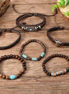 TEMU跨境新品欧美牛头复古皮革编织手工串珠木珠松石6件套装