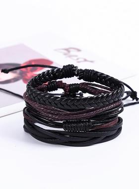 欧美简约复古套装手链diy编织牛皮手链多层组合男士手链手环饰品