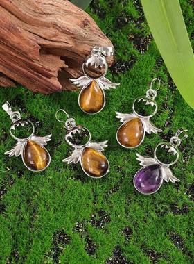 天然石纯铜水晶天使吊坠欧美风小天使项链水晶原石diy饰品挂件跨