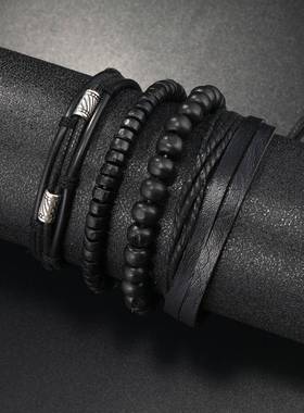 欧美跨境新款饰品男士手工编织串珠皮手链多层套装可调节手绳