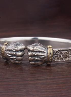 跨境热卖大权在握银手镯男士个性复古实心开口拳头力量之拳镯子