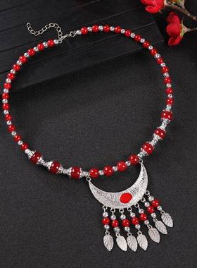 民族风琉璃串珠流苏项圈女项链复古异域风苗族额饰眉心坠藏式头饰