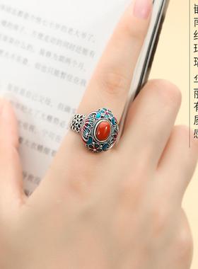 珐琅彩锦绣莲花戒指女复古做旧烧蓝莲花开口指环大气典雅国风饰品