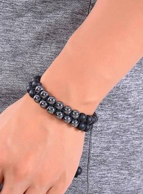 欧美饰品热卖天然石磨砂石双排串珠手链铁矿石双层缠绕编织手链