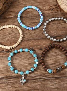 跨境新品复古串珠松石手串软陶木珠弹力线手链合金配饰男士手链