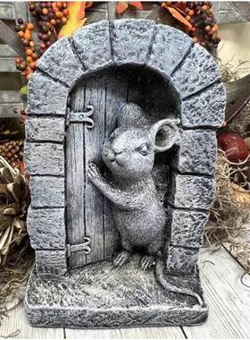 跨境新品树脂工艺品老鼠门仿真石雕花园花园装饰摆件微景观摆件