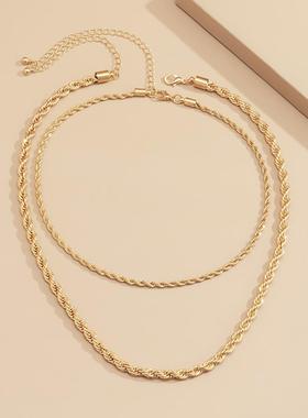 欧美跨境饰品嘻哈简约几何麻花链项饰个性街拍双层金属套装项链