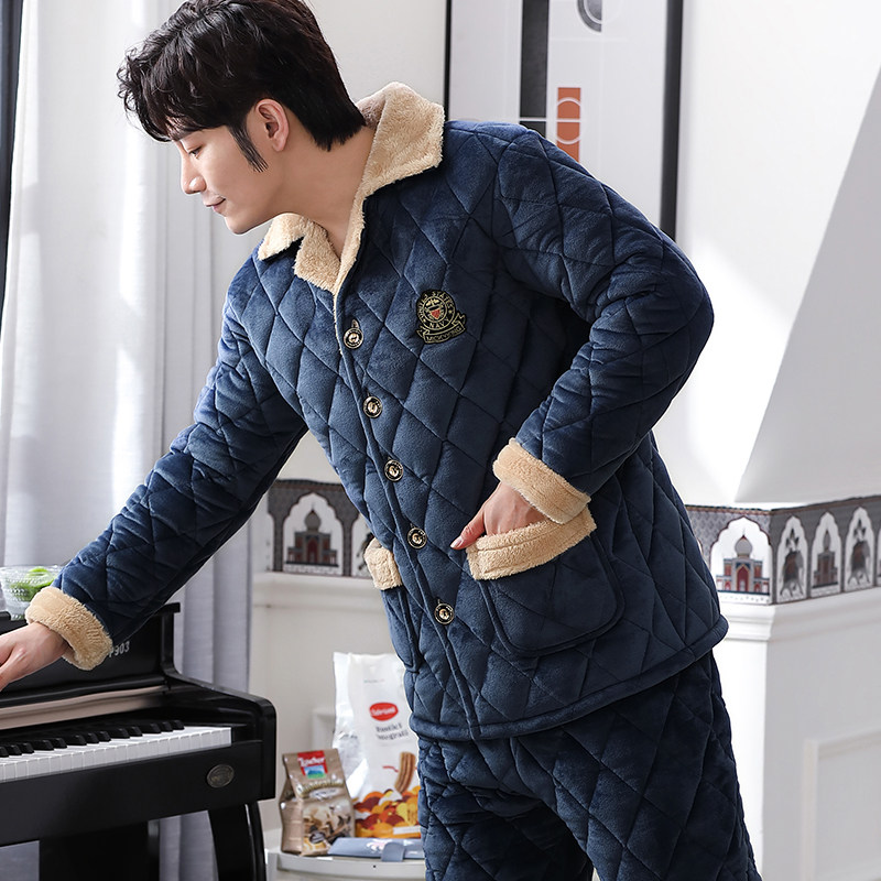 男士冬季加绒三层夹棉珊瑚绒睡衣 洛伊柔睡衣/家居服套装