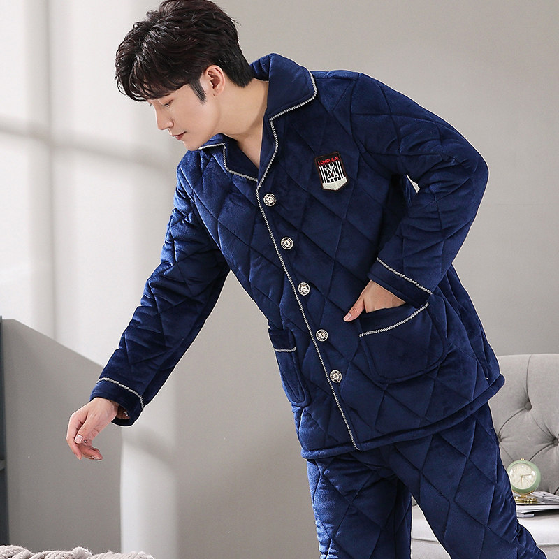 秋冬季男士三层夹棉珊瑚绒冬款睡衣 洛伊柔睡衣/家居服套装