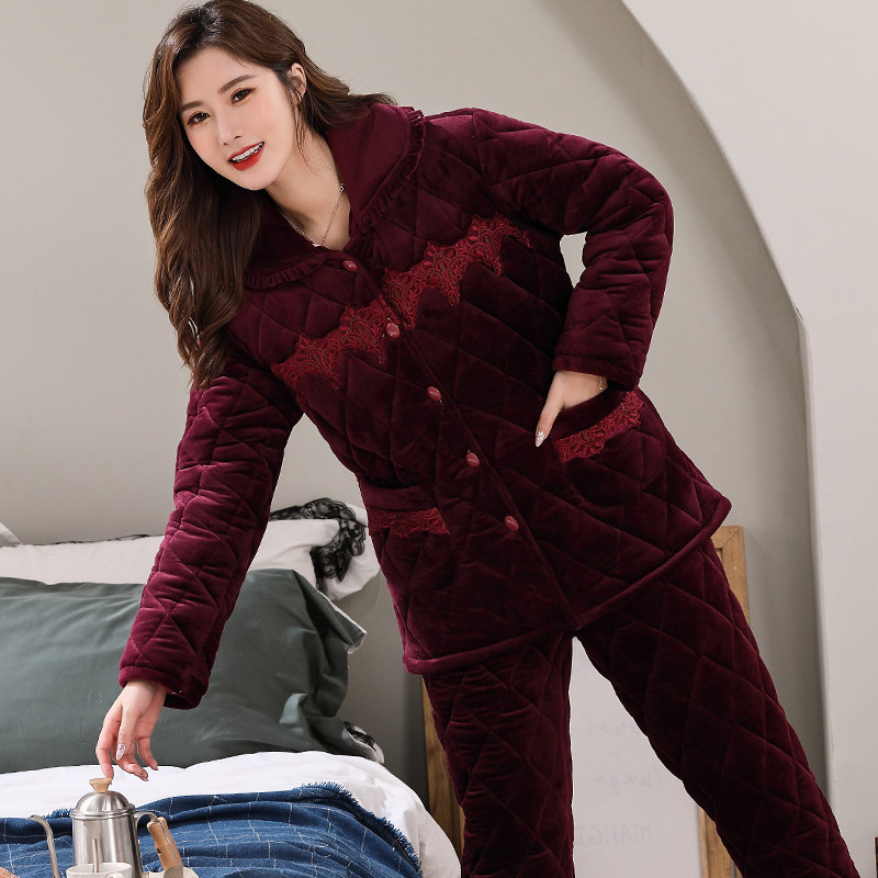 冬季三层夹棉加绒袄珊瑚绒睡衣 洛伊柔睡衣/家居服套装