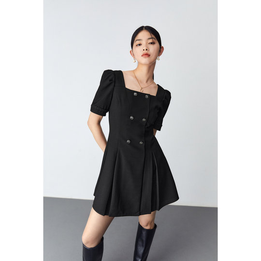 【清仓】#太平鸟 春季法式方领连衣裙女士高腰显瘦双排扣