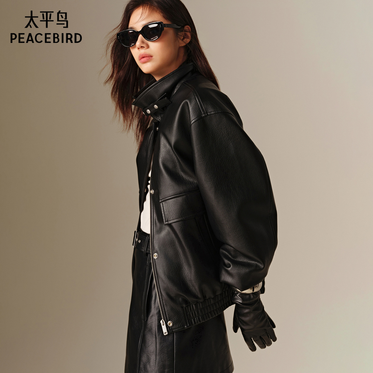 太平鸟肌理荔枝纹PU皮衣外套女25年新款立体廓形夹克皮衣女 - 图1