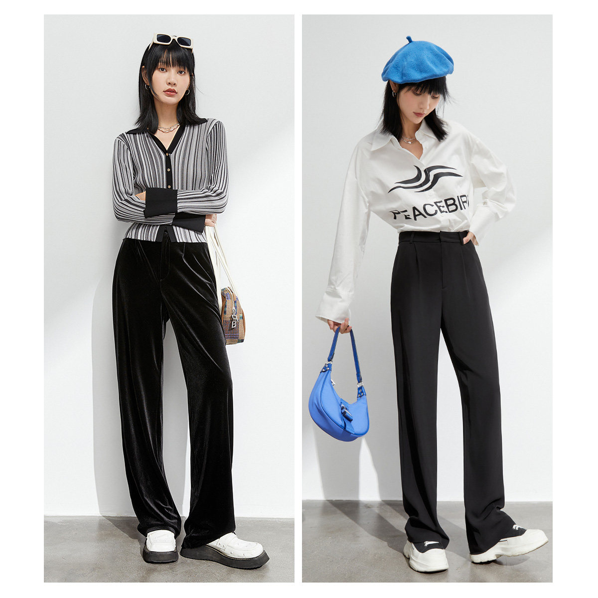 太平鸟女垂感拖地黑色休闲阔腿裤 太平鸟outlets店休闲裤