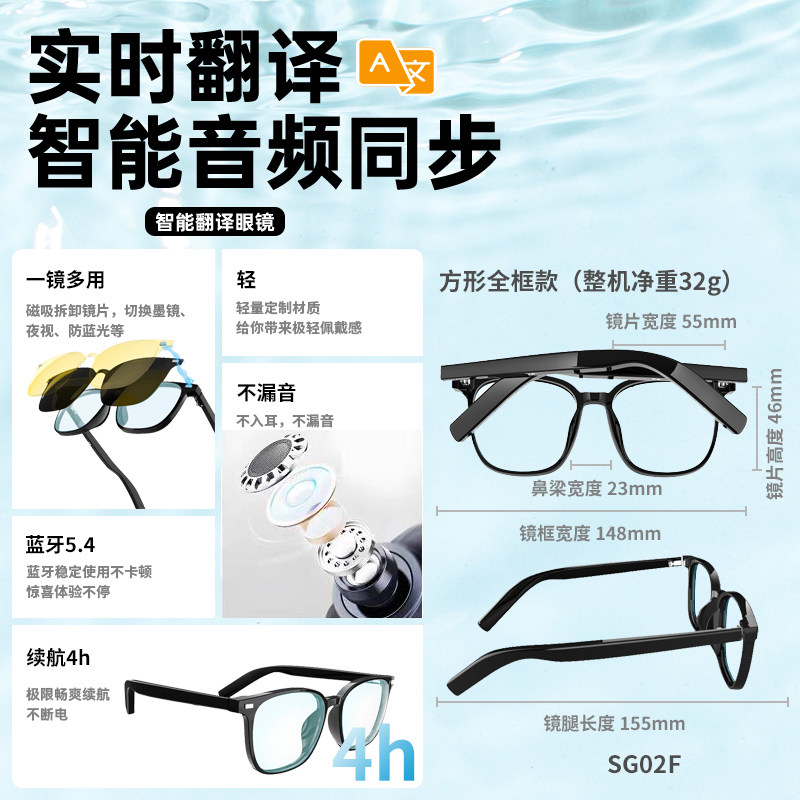 2025新款智能翻译眼镜耳机黑科技实时英语翻译提词器蓝牙眼镜防漏音防蓝光墨镜配近视支持科大讯飞AI神器,淘宝优惠券,粉丝福利购,淘宝优惠卷