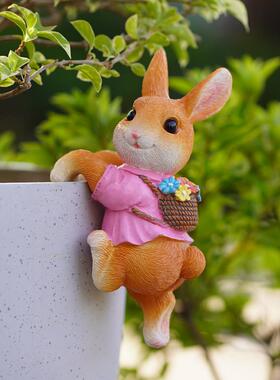 卡通兔子花盆挂件鱼缸边悬挂摆件花园庭院阳台攀爬花缸造景装饰品
